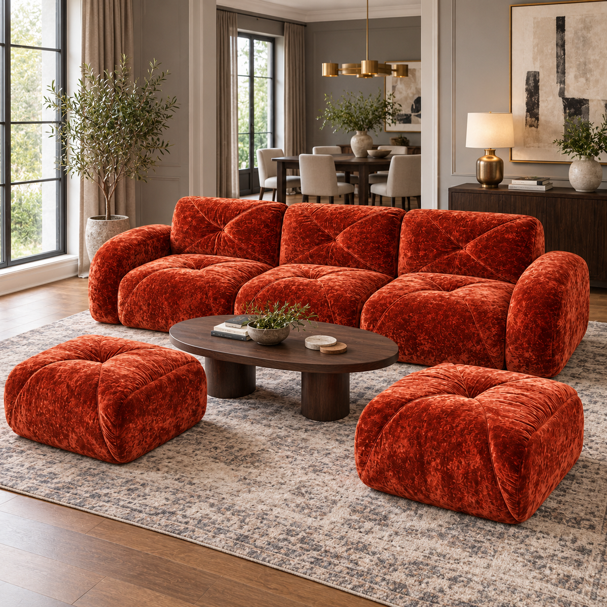 Aven 111" Frameless Velvet Modular U-Shaped Sectional Sofa with Ottomans and Curved Armrests