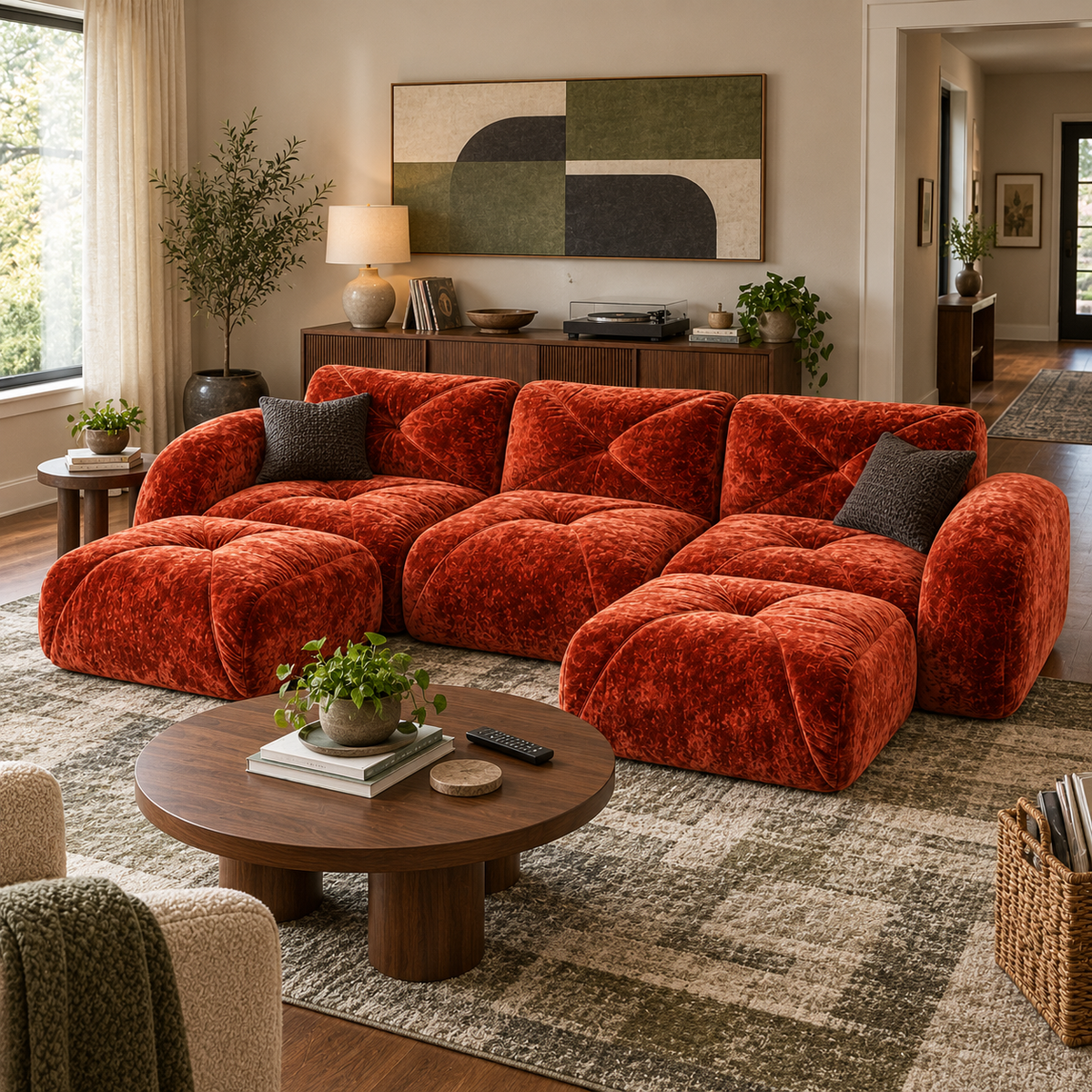 Aven 111" Frameless Velvet Modular U-Shaped Sectional Sofa with Ottomans and Curved Armrests