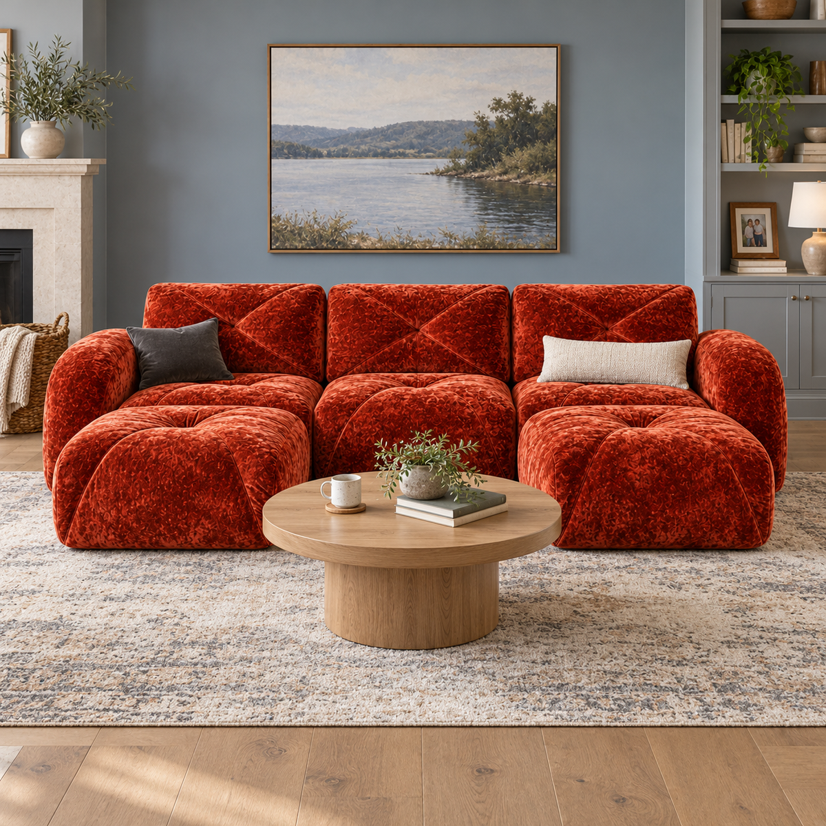 Aven 111" Frameless Velvet Modular U-Shaped Sectional Sofa with Ottomans and Curved Armrests