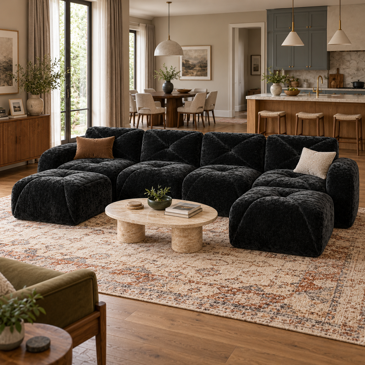 Aven 141" Frameless Velvet Modular U-Shaped Sectional Sofa with Ottomans and Curved Armrests