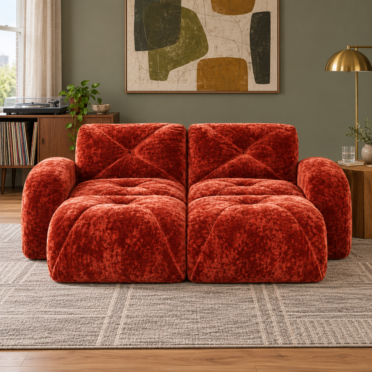 Aven 80" Frameless Velvet 4-Piece Modular Sofa with 2 Ottomans and Double Chaise