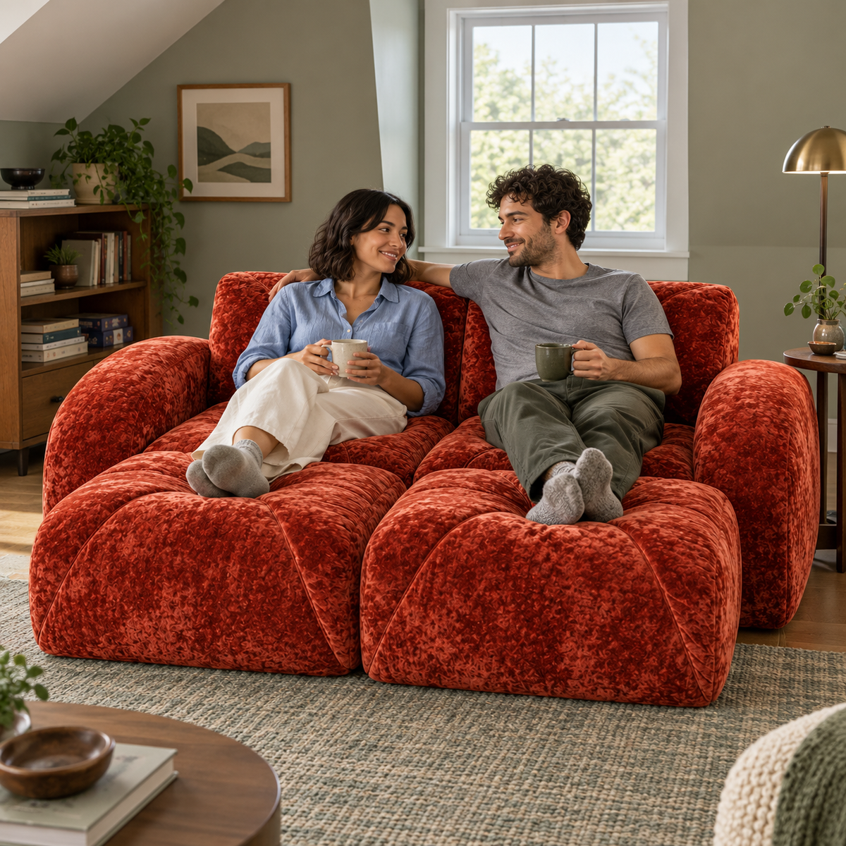 Aven 80" Frameless Velvet 4-Piece Modular Sofa with 2 Ottomans and Double Chaise