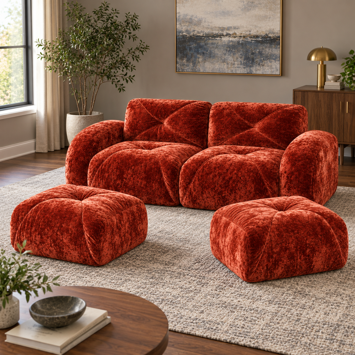 Aven 80" Frameless Velvet 4-Piece Modular Sofa with 2 Ottomans and Double Chaise