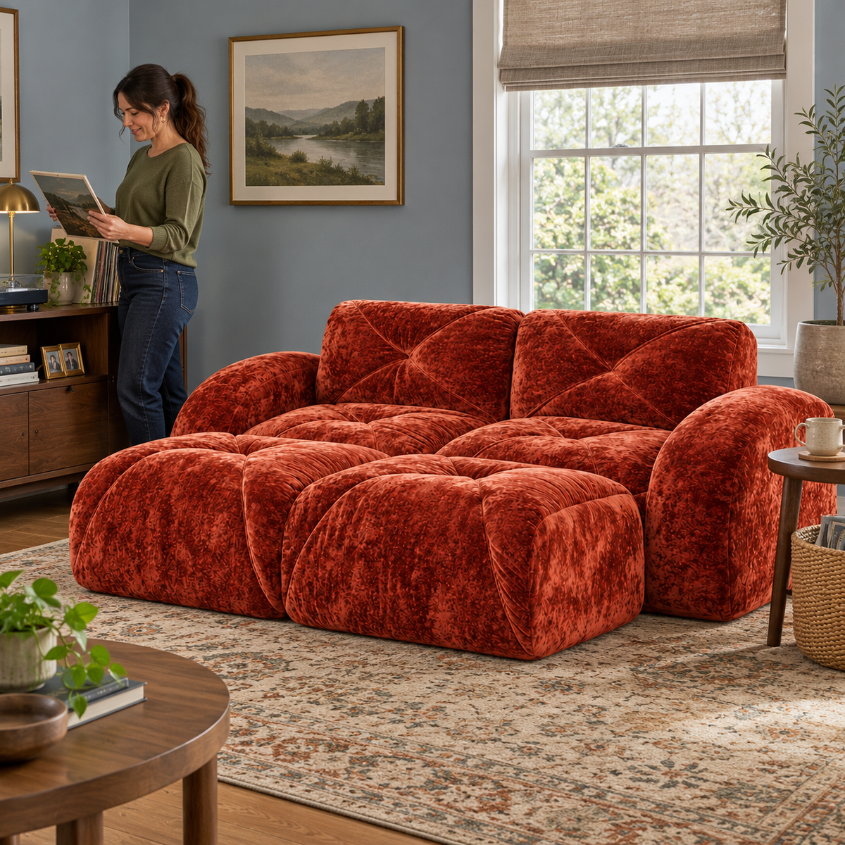 Aven 80" Frameless Velvet 4-Piece Modular Sofa with 2 Ottomans and Double Chaise