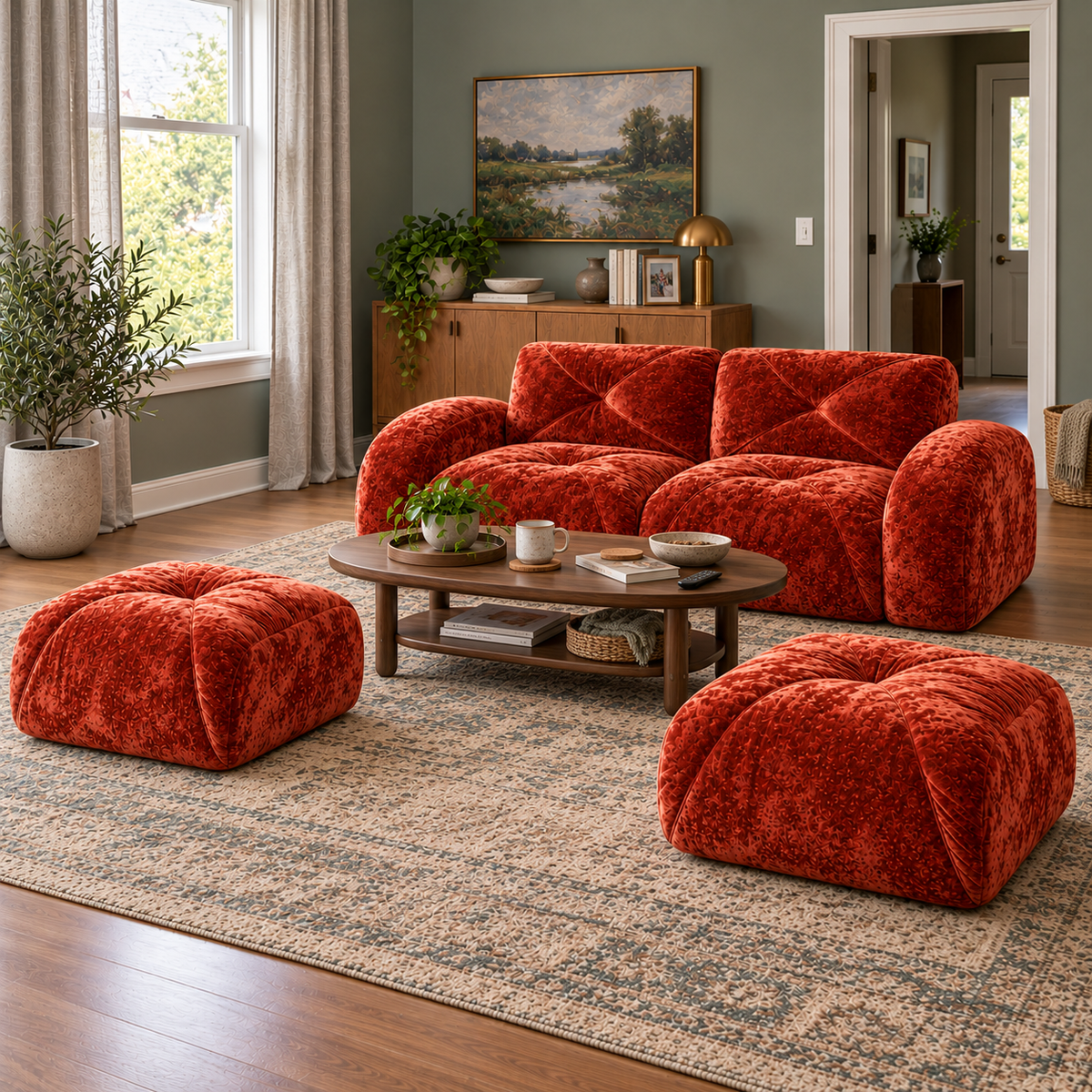 Aven 80" Frameless Velvet 4-Piece Modular Sofa with 2 Ottomans and Double Chaise