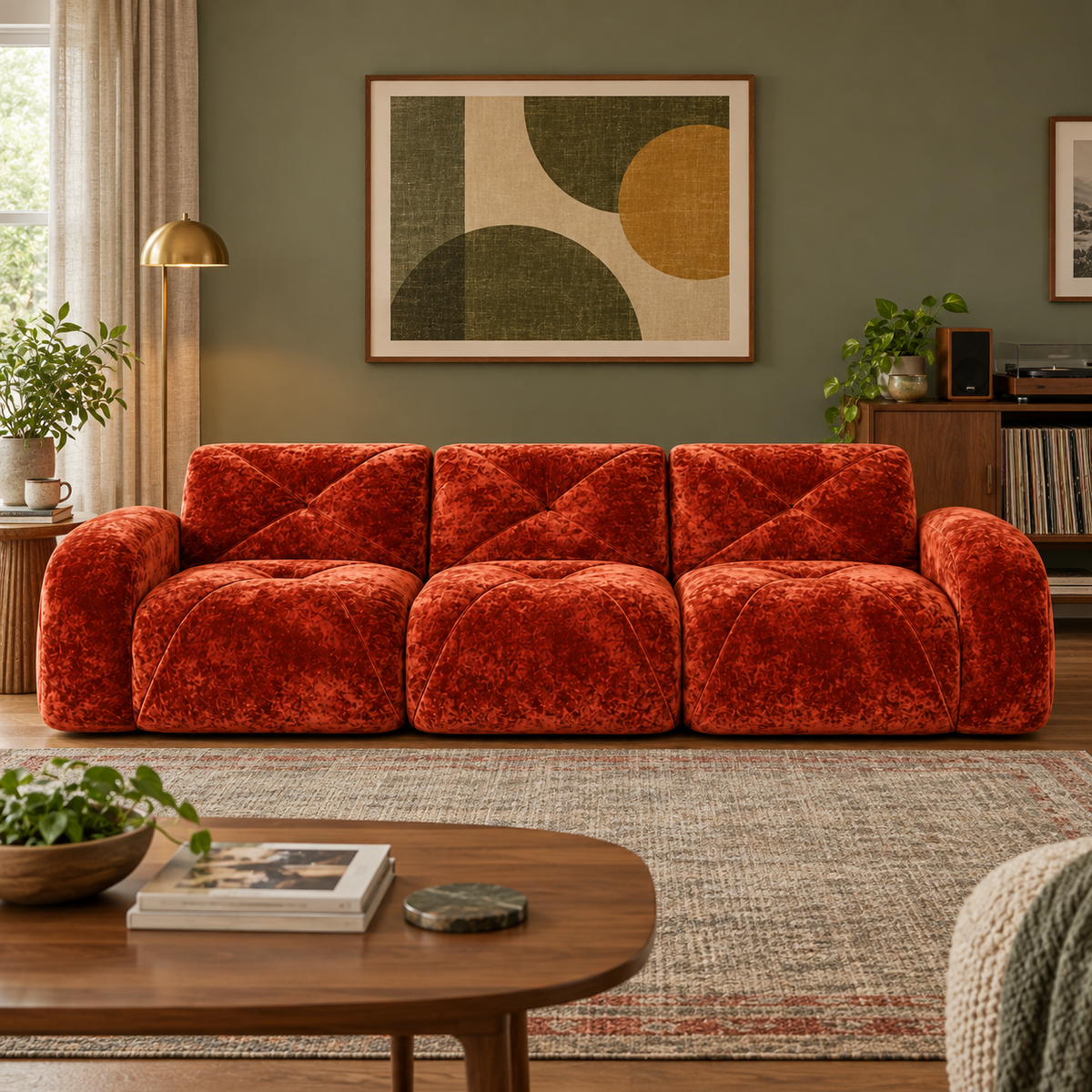 Aven 110" Extra-Long Frameless Velvet Modular 3-Seater Sofa with Curved Armrests