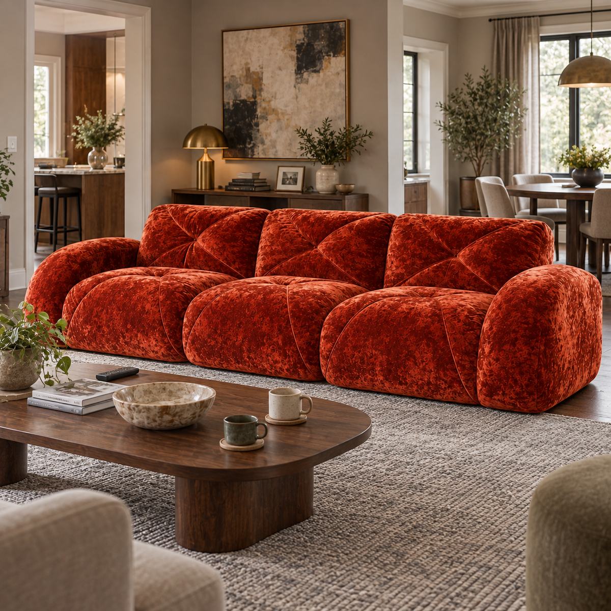 Aven 110" Extra-Long Frameless Velvet Modular 3-Seater Sofa with Curved Armrests