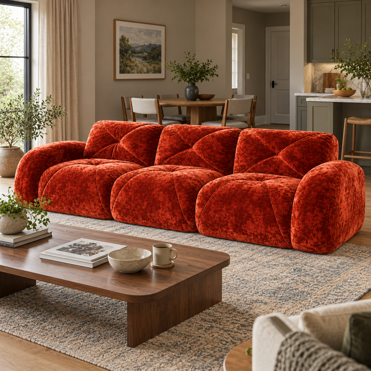 Aven 110" Extra-Long Frameless Velvet Modular 3-Seater Sofa with Curved Armrests
