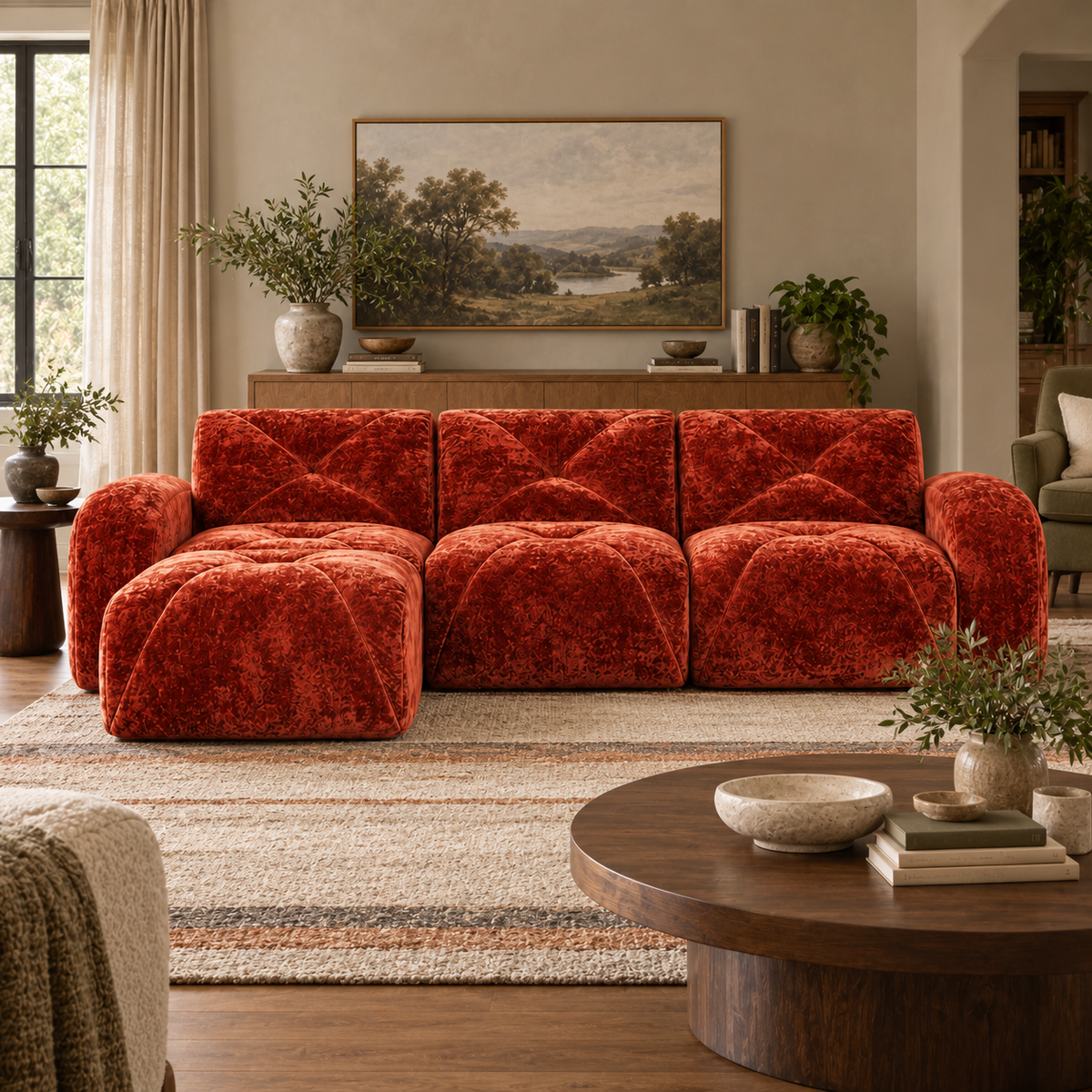 Aven 111" Frameless Velvet Modular L-Shaped Sectional Sofa with Movable Ottoman
