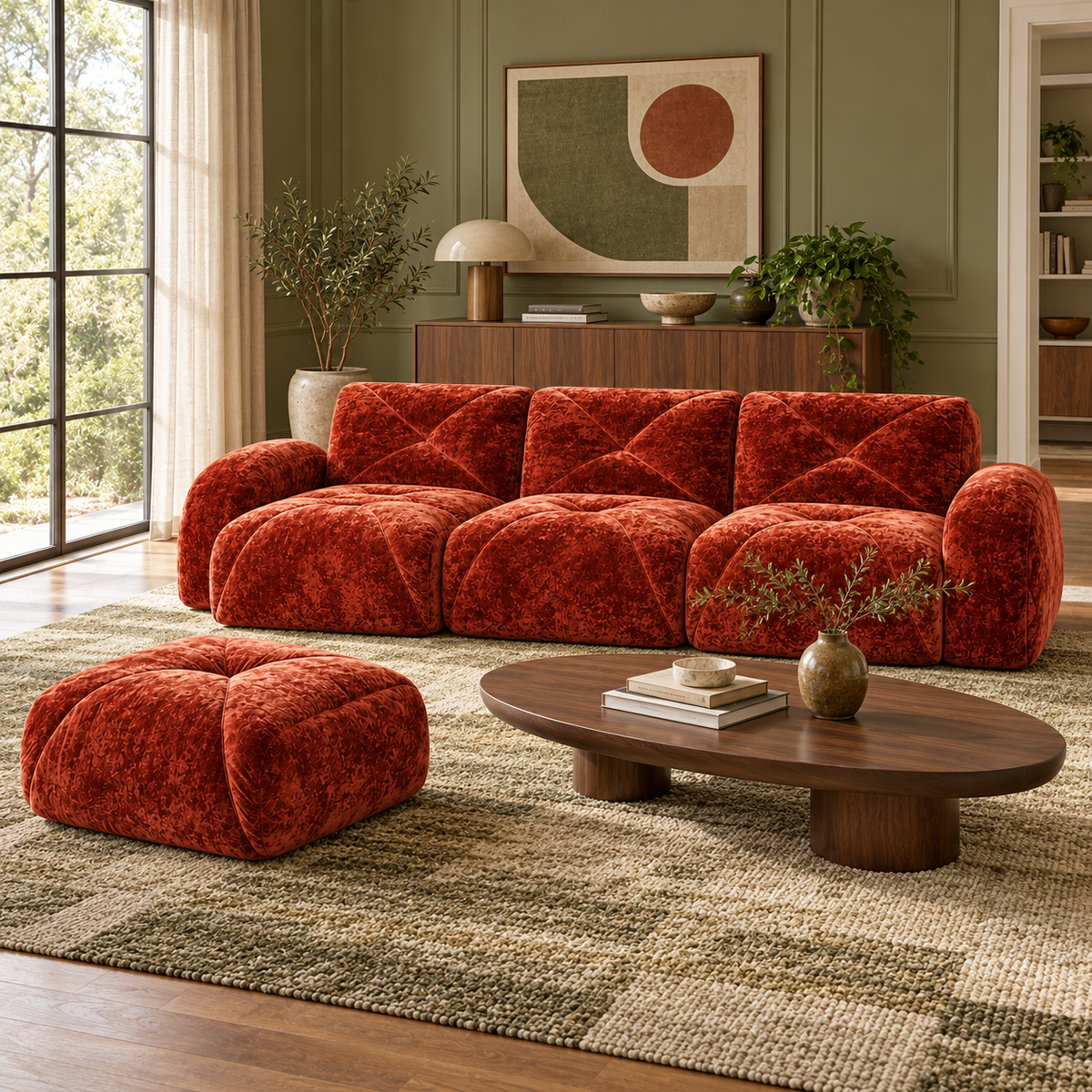 Aven 111" Frameless Velvet Modular L-Shaped Sectional Sofa with Movable Ottoman