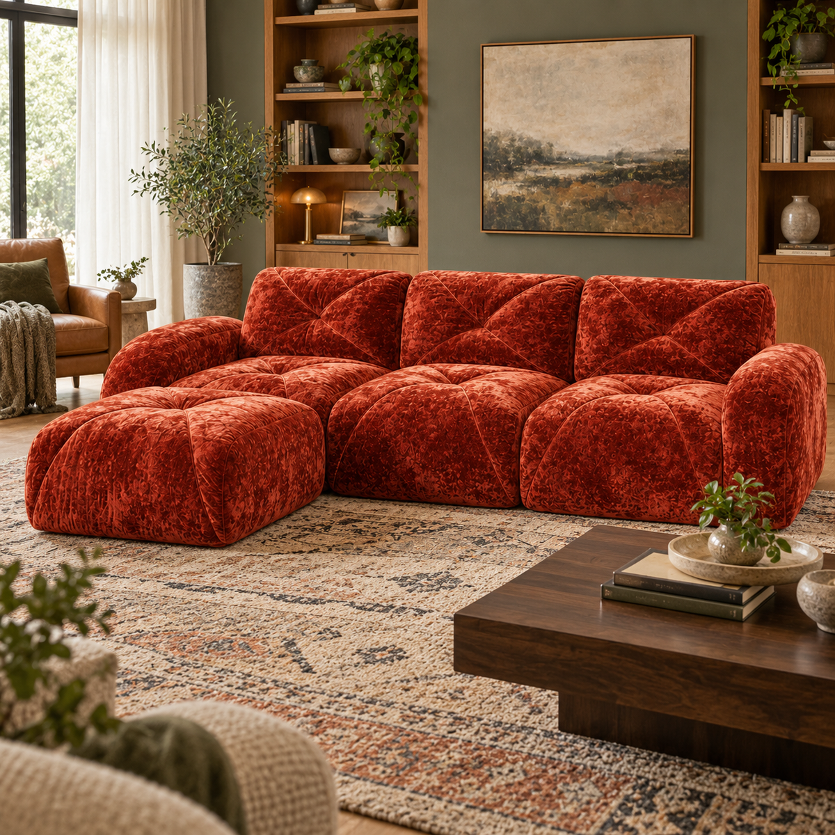 Aven 111" Frameless Velvet Modular L-Shaped Sectional Sofa with Movable Ottoman