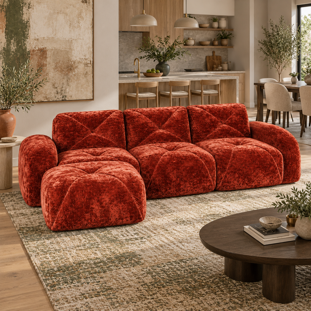 Aven 111" Frameless Velvet Modular L-Shaped Sectional Sofa with Movable Ottoman