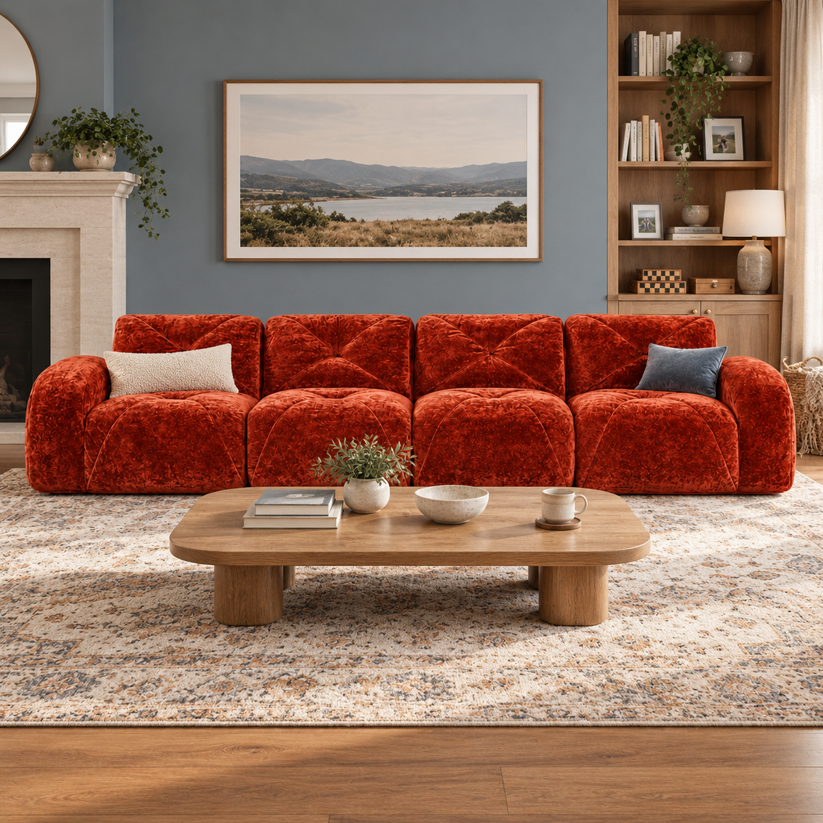Aven 141" Large Frameless Velvet Modular 4-Seater Sofa with Curved Armrests