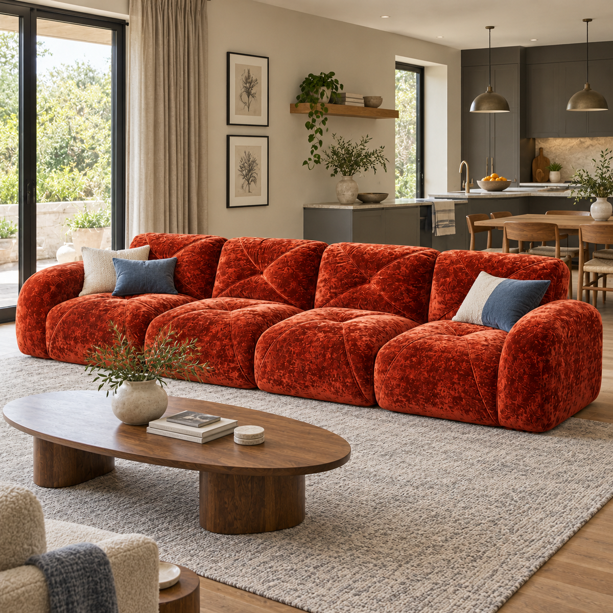 Aven 141" Large Frameless Velvet Modular 4-Seater Sofa with Curved Armrests