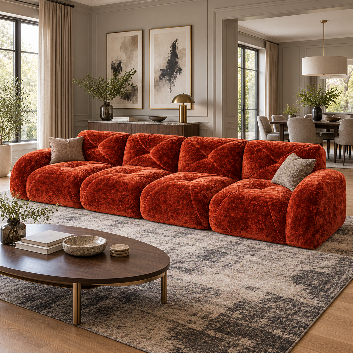 Aven 141" Large Frameless Velvet Modular 4-Seater Sofa with Curved Armrests
