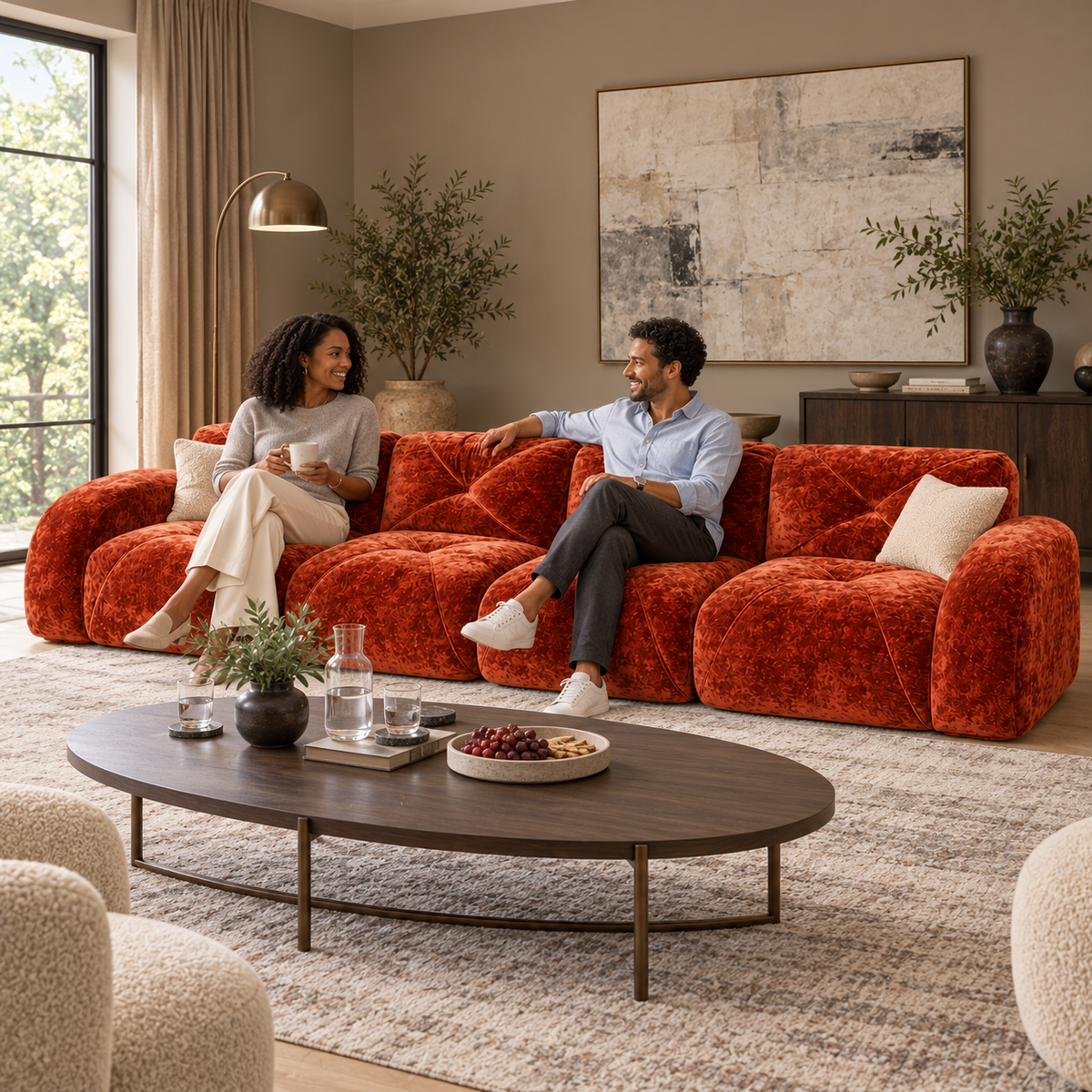 Aven 141" Large Frameless Velvet Modular 4-Seater Sofa with Curved Armrests