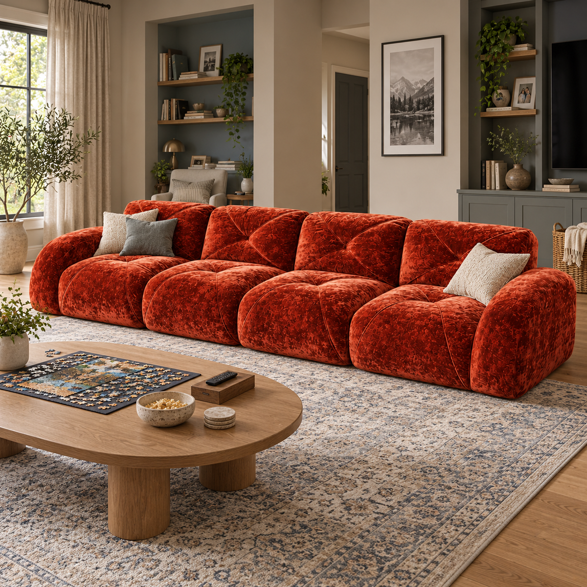 Aven 141" Large Frameless Velvet Modular 4-Seater Sofa with Curved Armrests