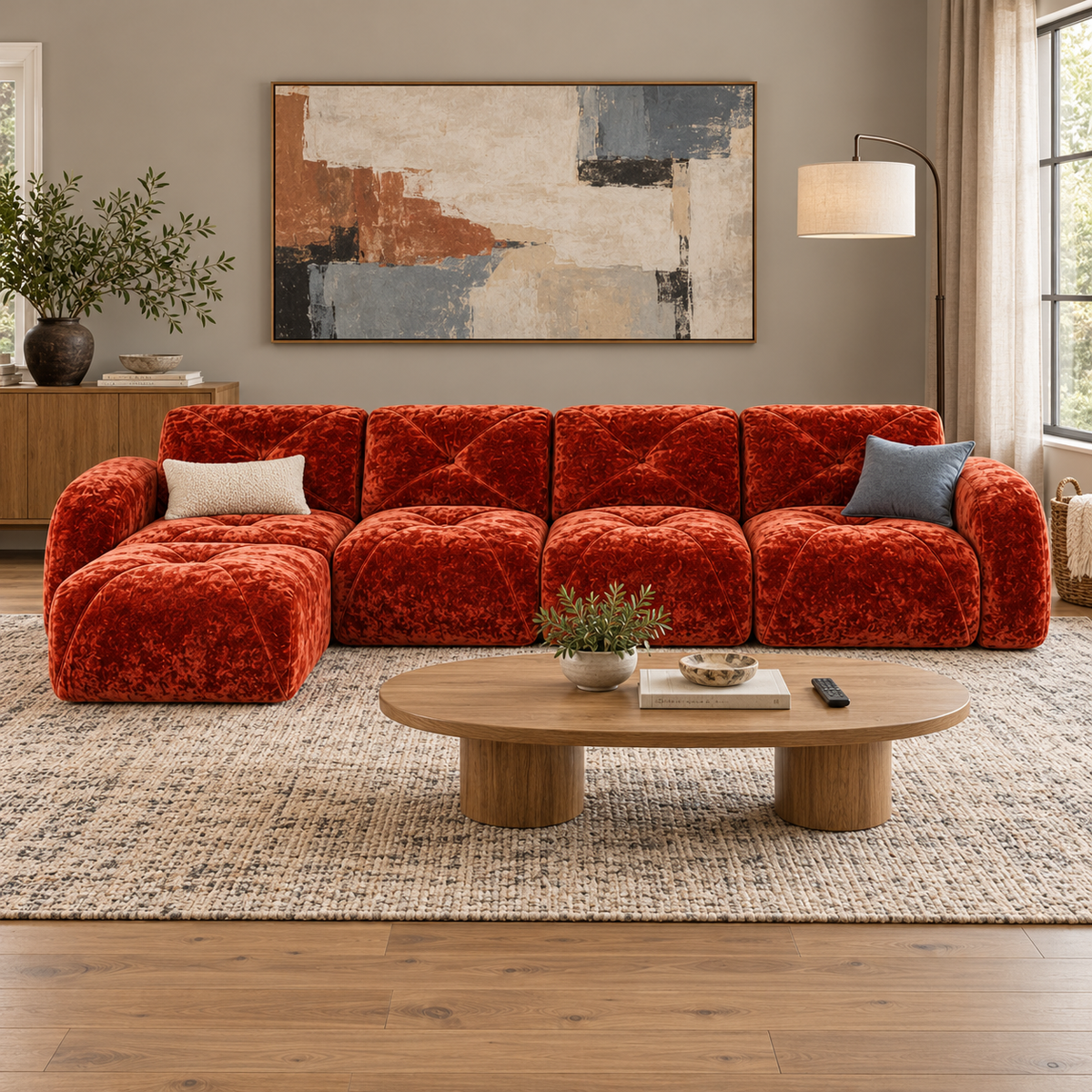 Aven 141" Large Frameless Velvet Modular L-Shaped Sectional Sofa with Ottoman and Curved Armrests