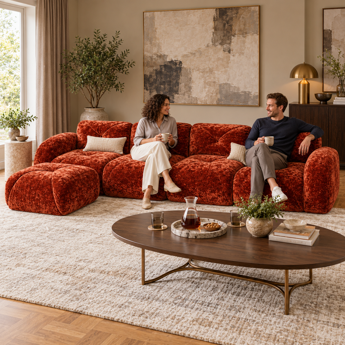 Aven 141" Large Frameless Velvet Modular L-Shaped Sectional Sofa with Ottoman and Curved Armrests
