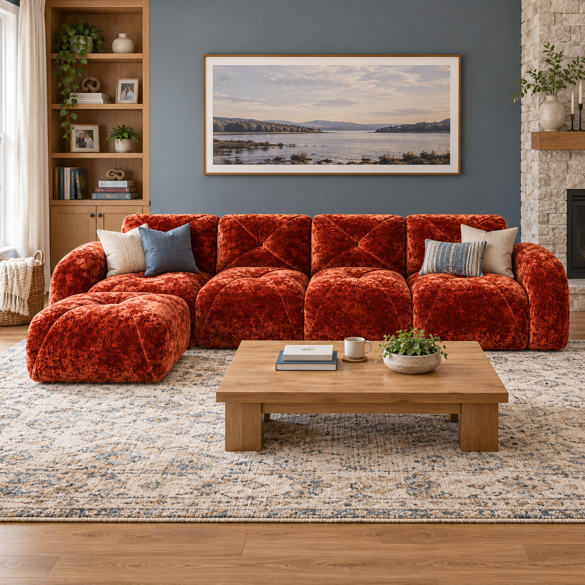Aven 141" Large Frameless Velvet Modular L-Shaped Sectional Sofa with Ottoman and Curved Armrests