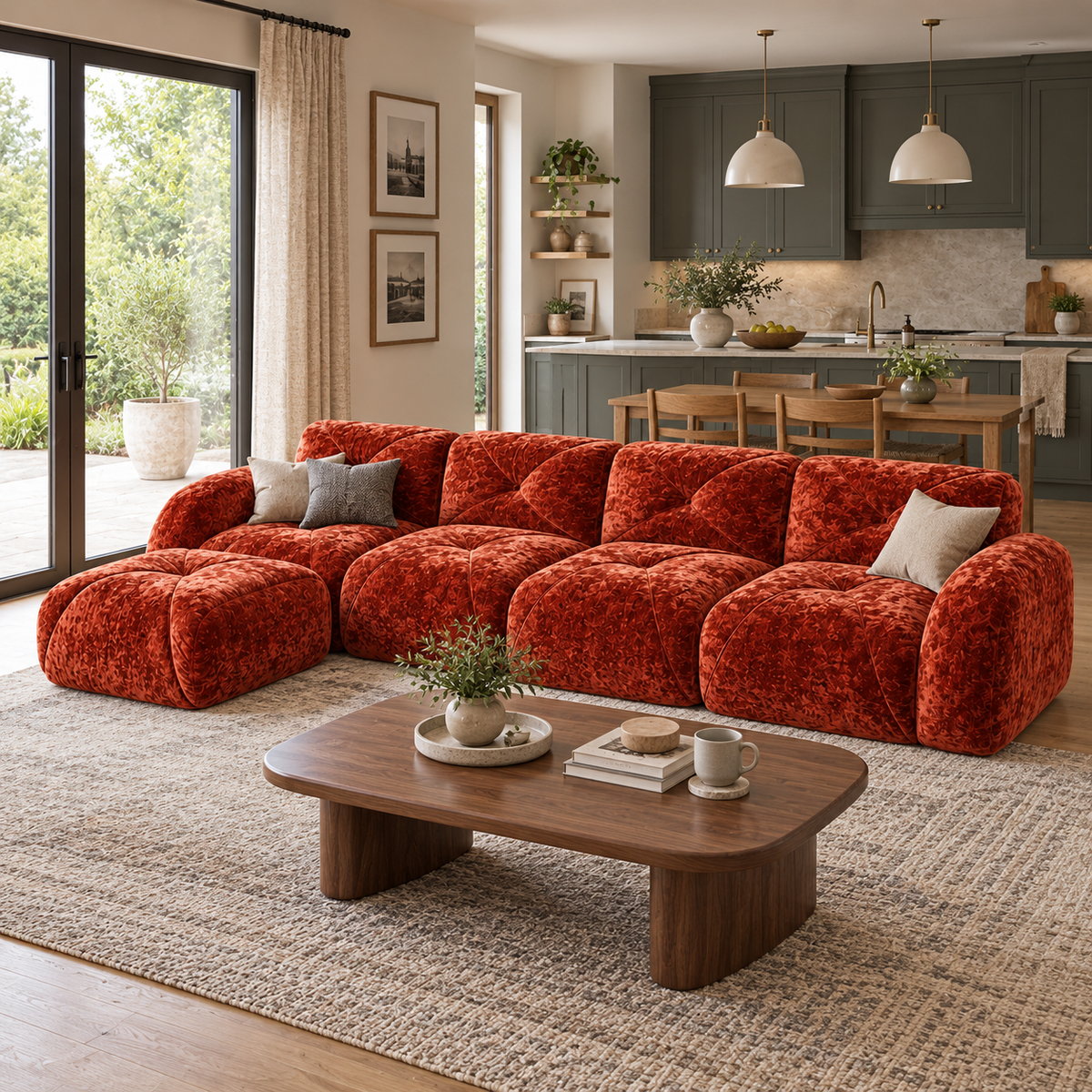 Aven 141" Large Frameless Velvet Modular L-Shaped Sectional Sofa with Ottoman and Curved Armrests