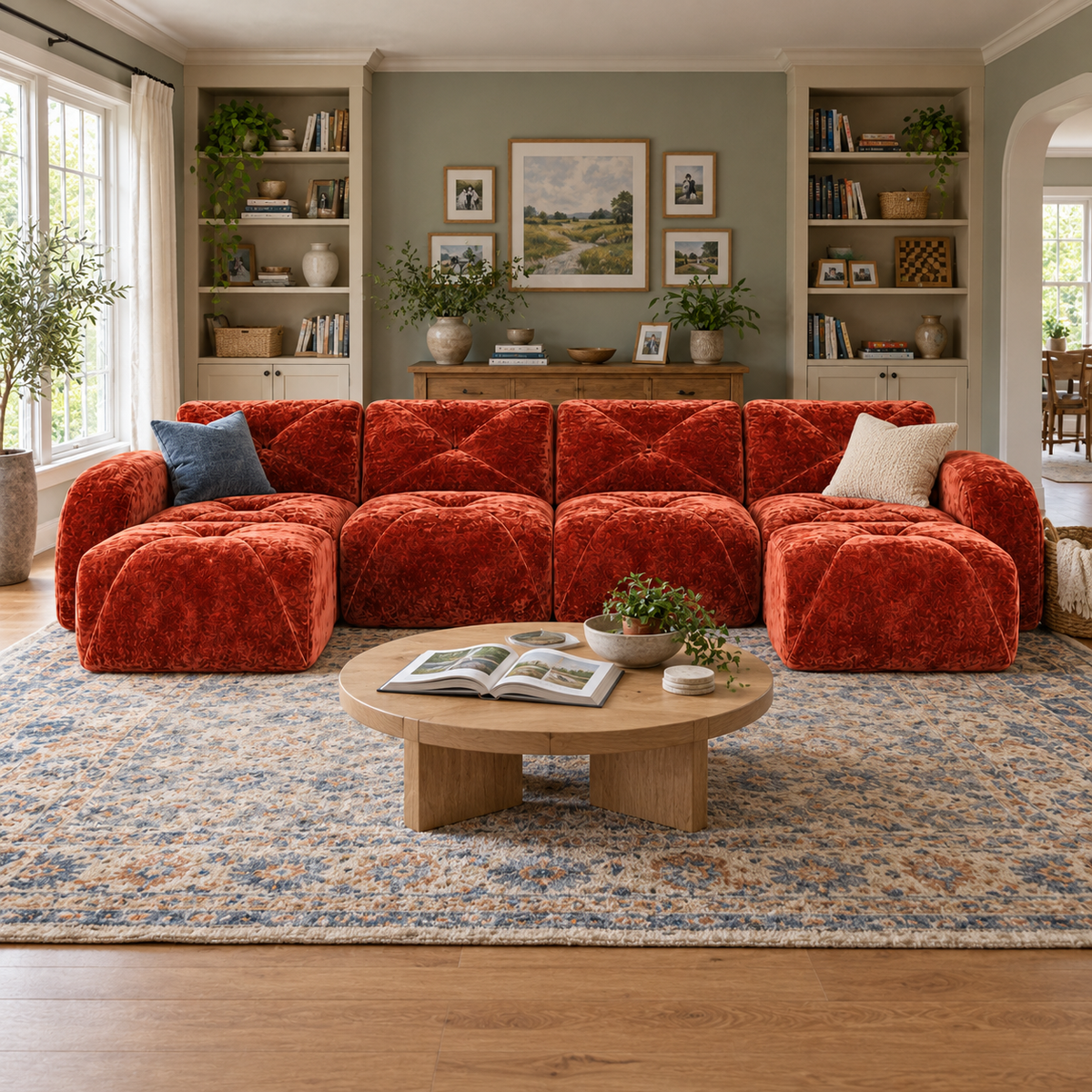 Aven 141" Frameless Velvet Modular U-Shaped Sectional Sofa with Ottomans and Curved Armrests