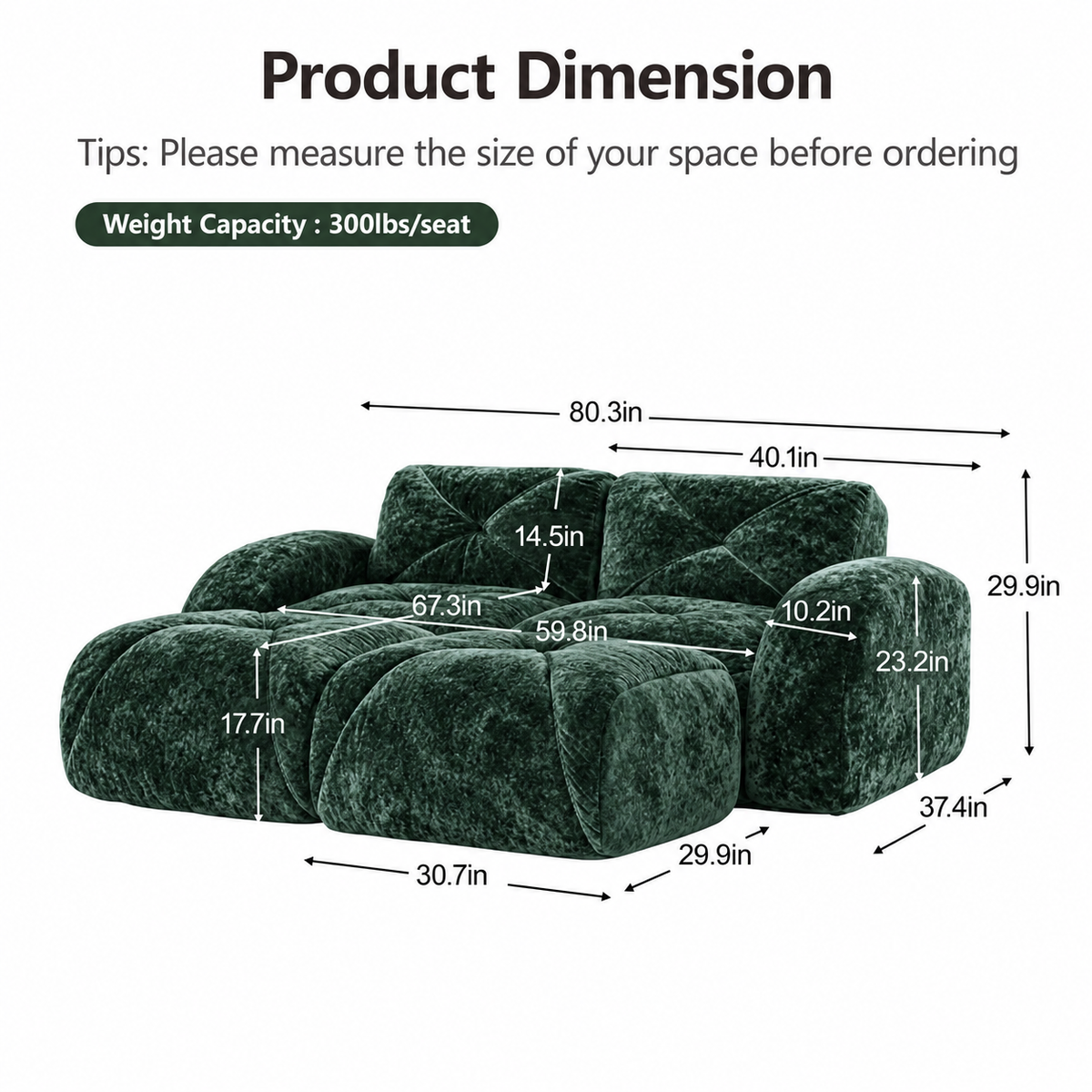 Aven 80" Frameless Velvet 4-Piece Modular Sofa with 2 Ottomans and Double Chaise