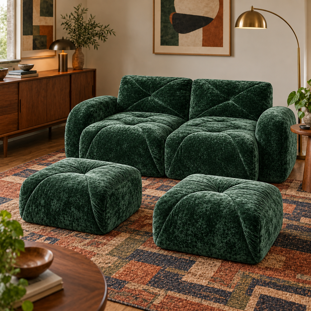 Aven 80" Frameless Velvet 4-Piece Modular Sofa with 2 Ottomans and Double Chaise