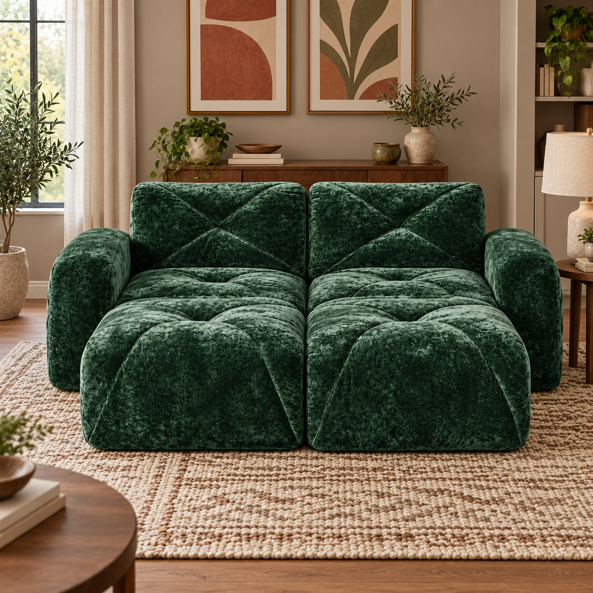 Aven 80" Frameless Velvet 4-Piece Modular Sofa with 2 Ottomans and Double Chaise