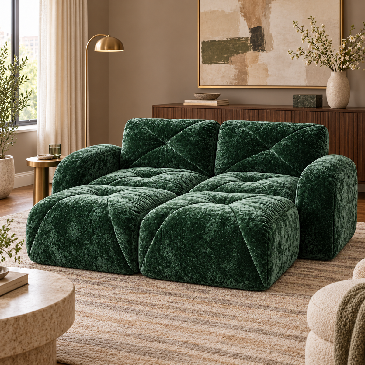 Aven 80" Frameless Velvet 4-Piece Modular Sofa with 2 Ottomans and Double Chaise