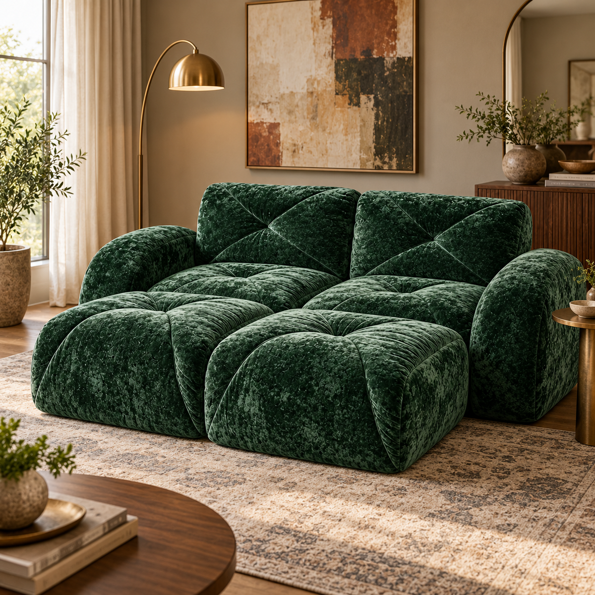 Aven 80" Frameless Velvet 4-Piece Modular Sofa with 2 Ottomans and Double Chaise
