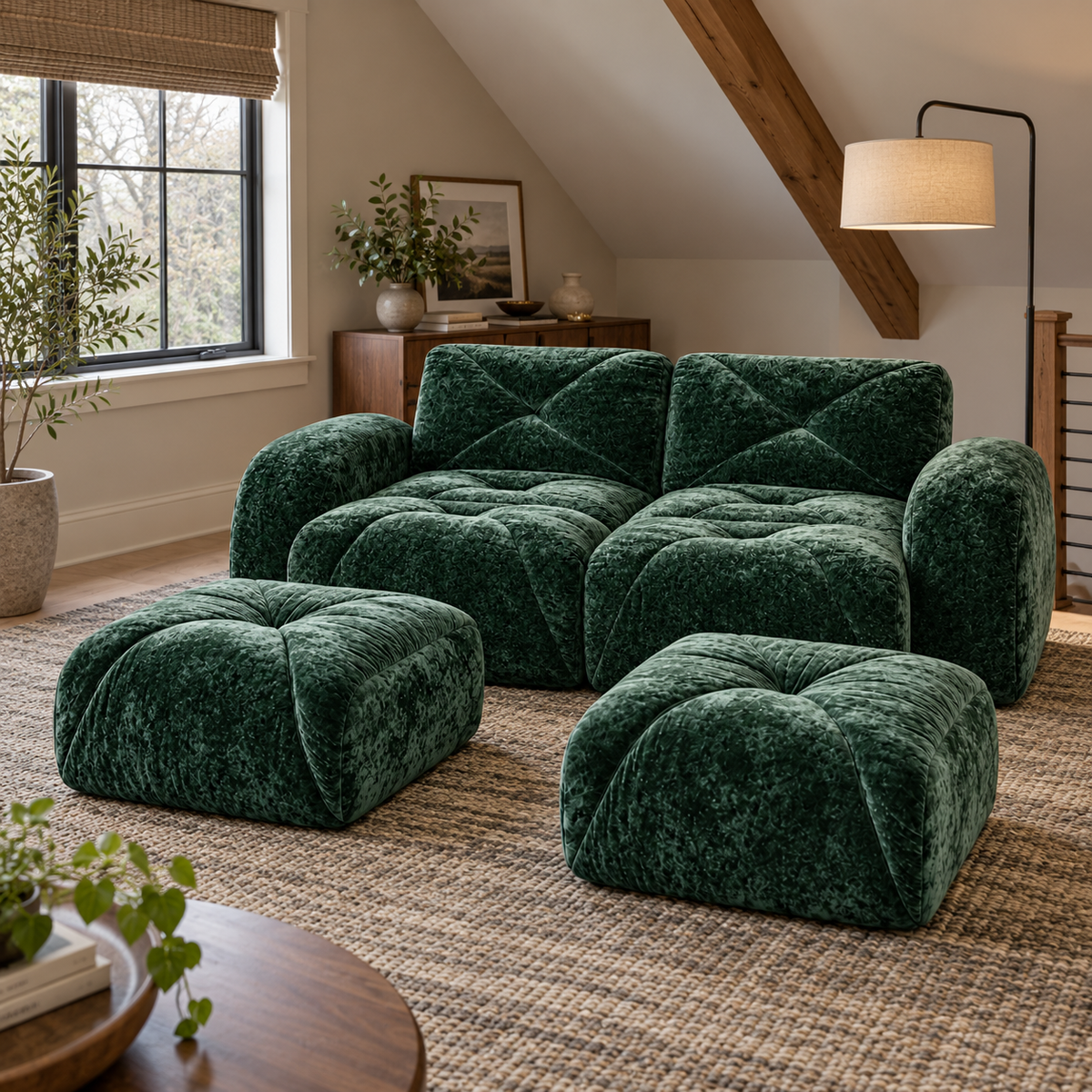 Aven 80" Frameless Velvet 4-Piece Modular Sofa with 2 Ottomans and Double Chaise