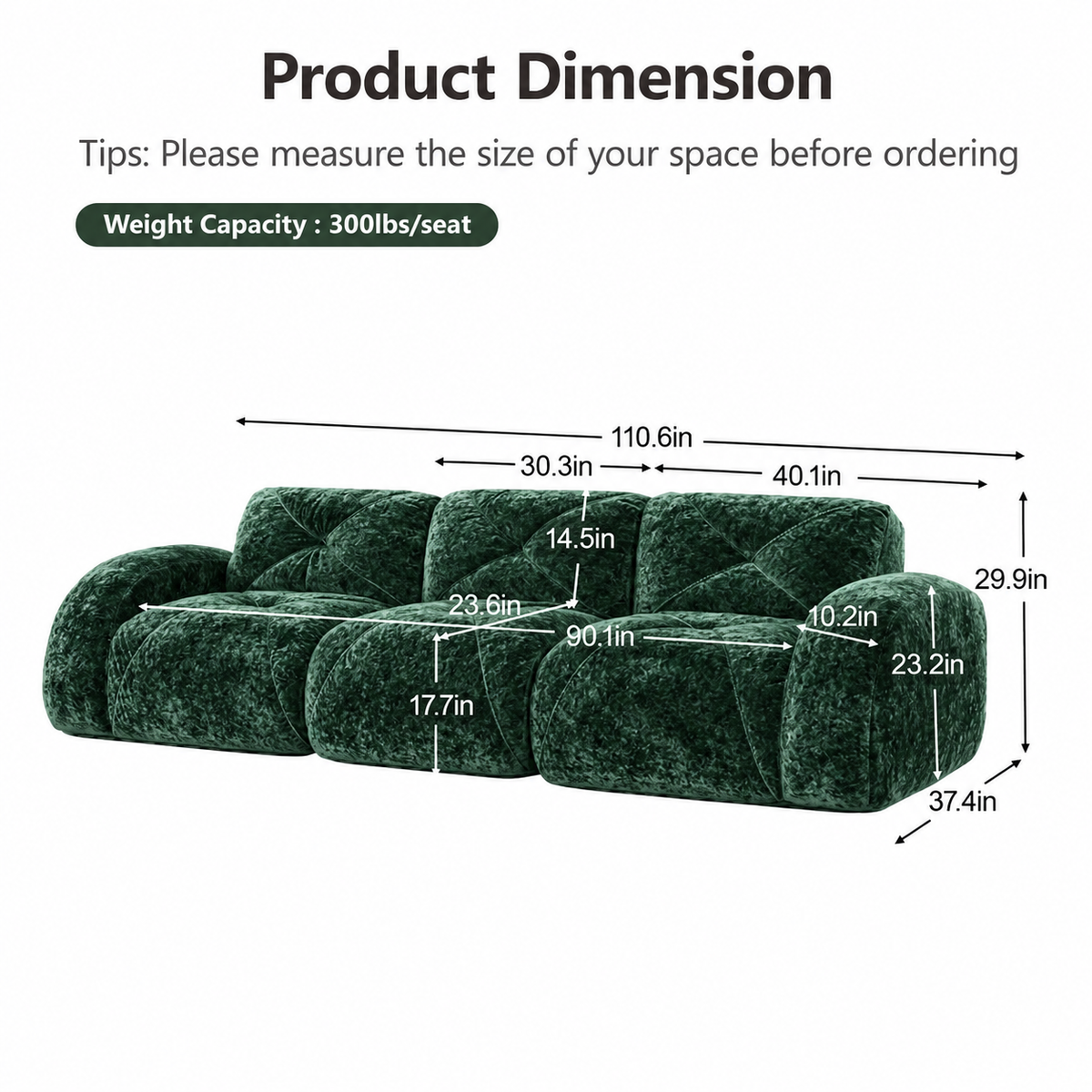 Aven 110" Extra-Long Frameless Velvet Modular 3-Seater Sofa with Curved Armrests