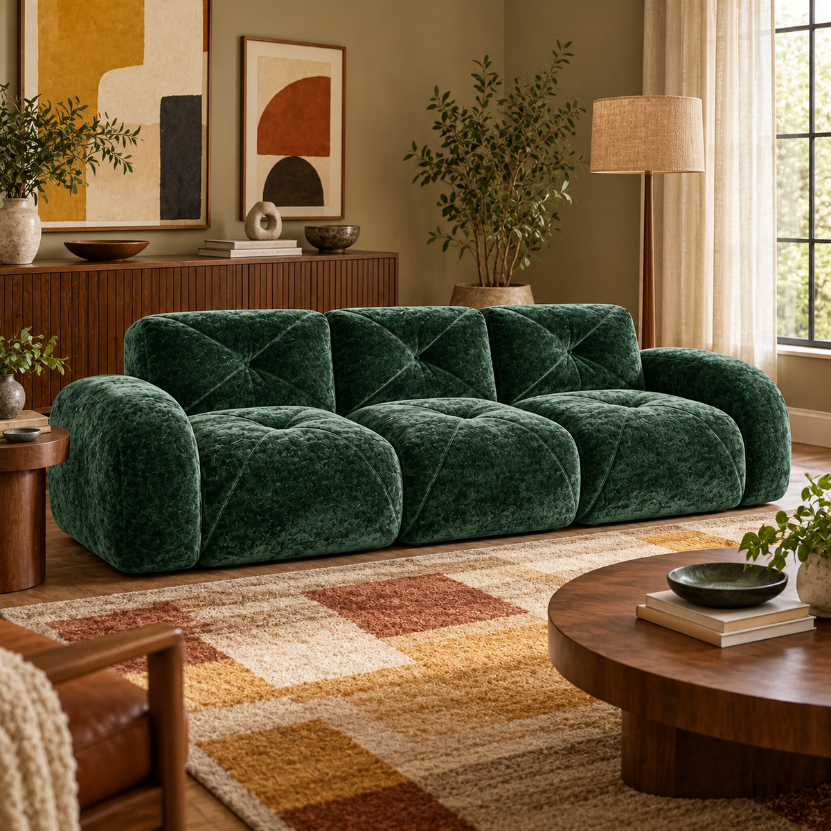 Aven 110" Extra-Long Frameless Velvet Modular 3-Seater Sofa with Curved Armrests