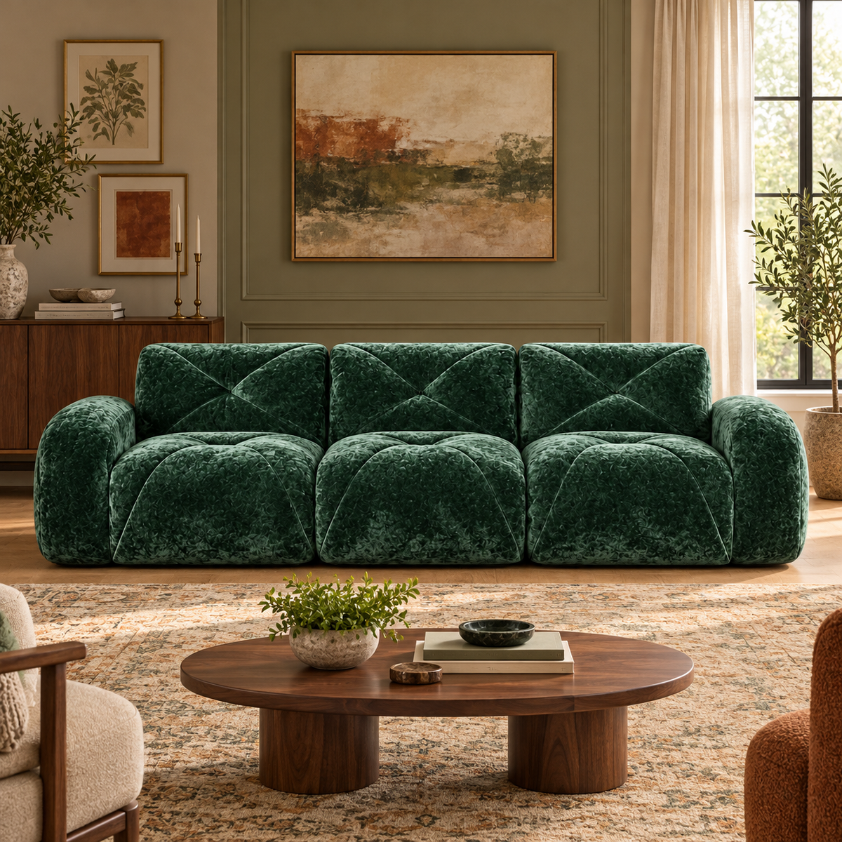 Aven 110" Extra-Long Frameless Velvet Modular 3-Seater Sofa with Curved Armrests
