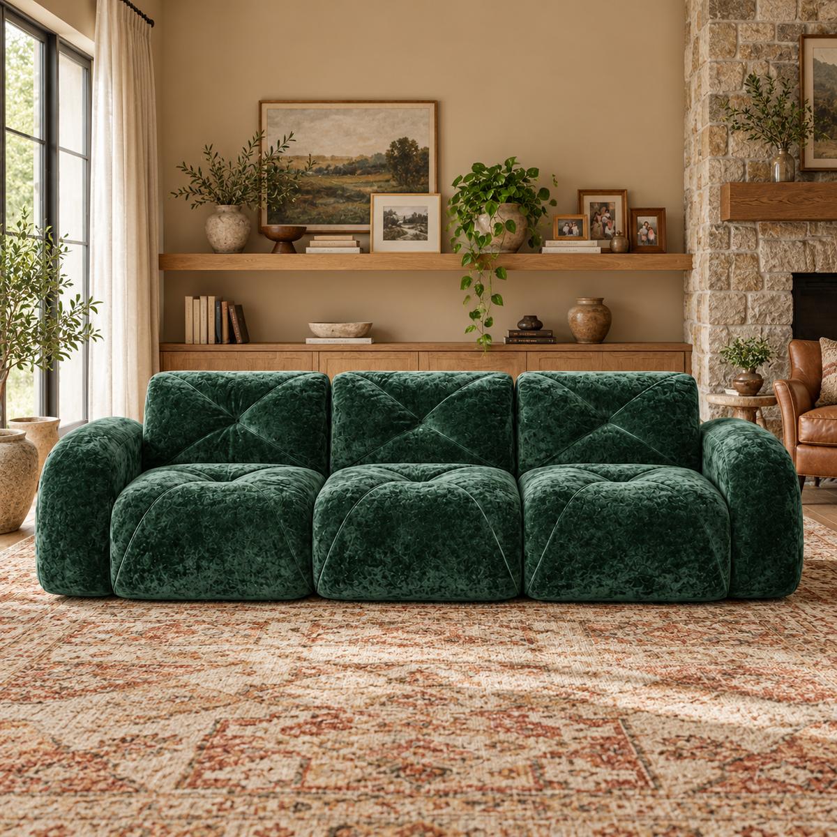 Aven 110" Extra-Long Frameless Velvet Modular 3-Seater Sofa with Curved Armrests