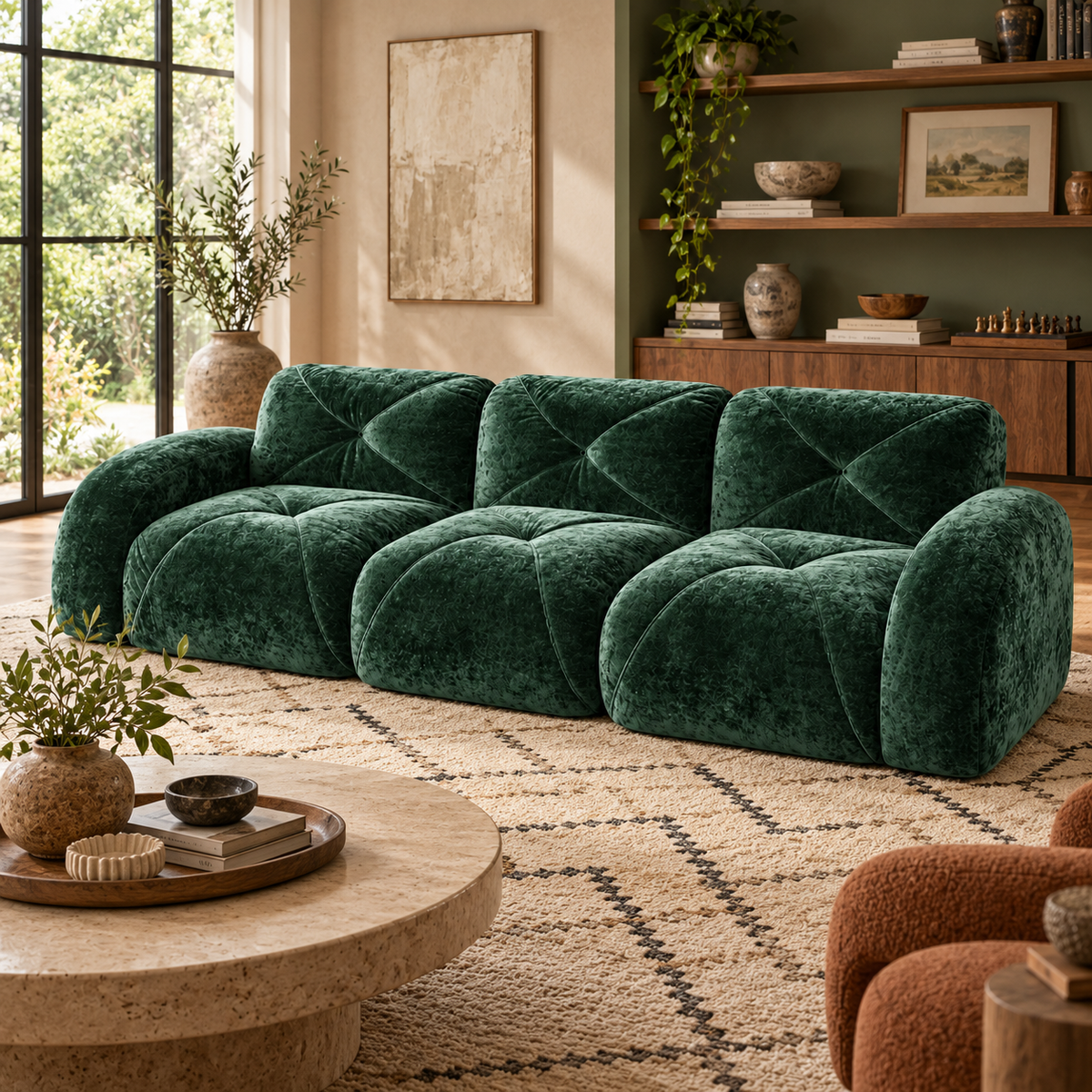 Aven 110" Extra-Long Frameless Velvet Modular 3-Seater Sofa with Curved Armrests