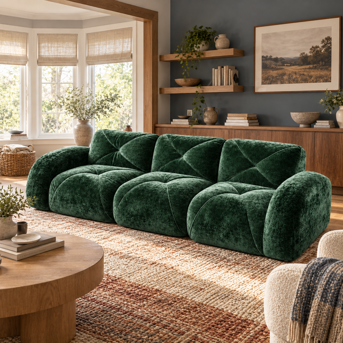 Aven 110" Extra-Long Frameless Velvet Modular 3-Seater Sofa with Curved Armrests