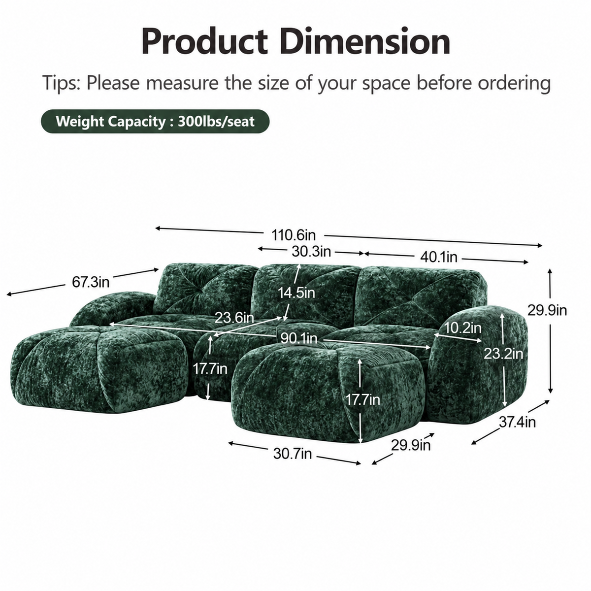 Aven 111" Frameless Velvet Modular U-Shaped Sectional Sofa with Ottomans and Curved Armrests