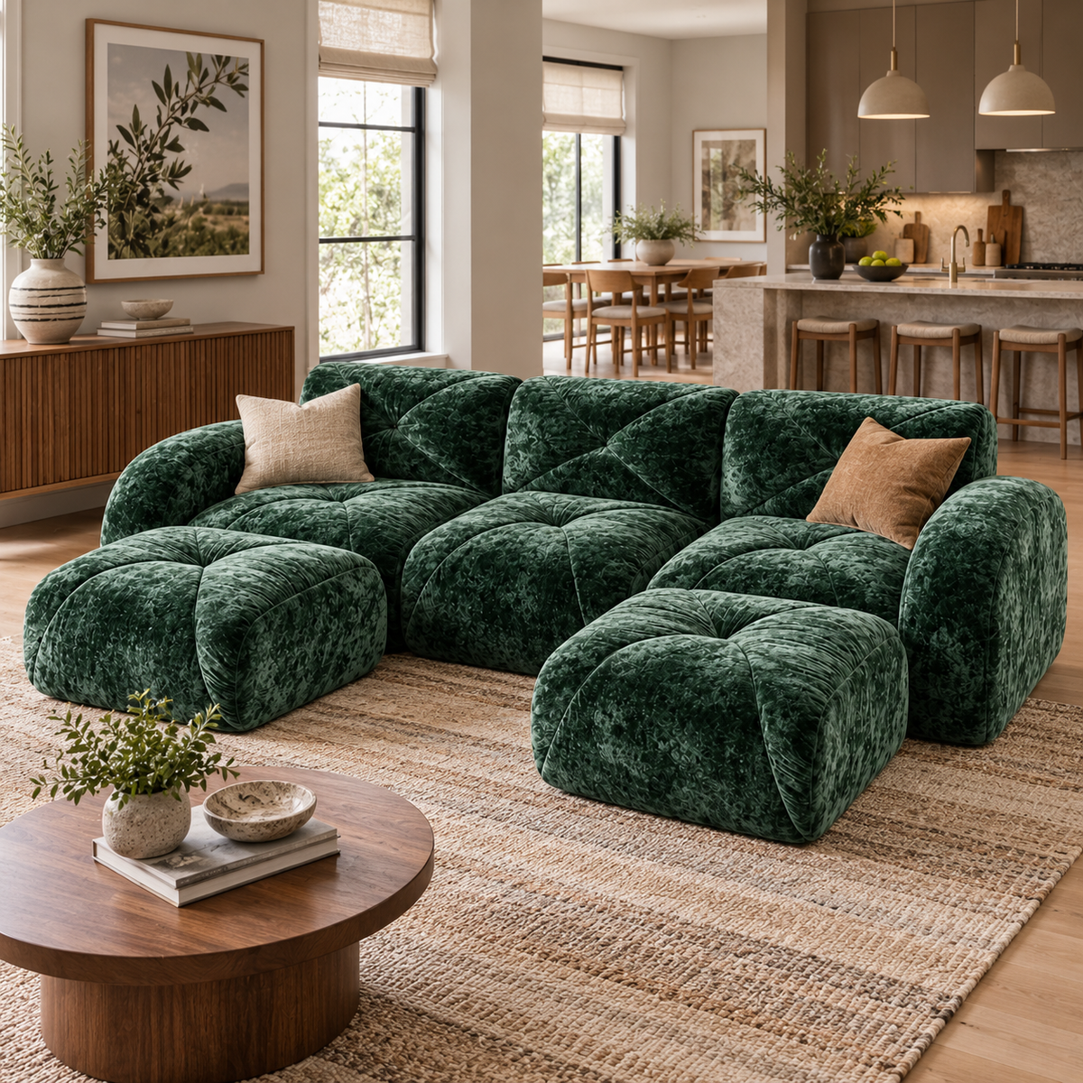Aven 111" Frameless Velvet Modular U-Shaped Sectional Sofa with Ottomans and Curved Armrests