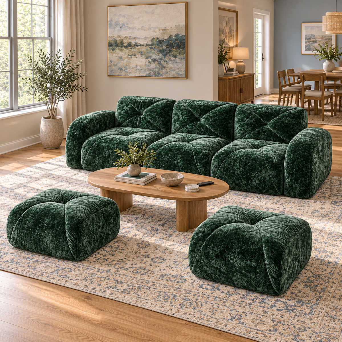 Aven 111" Frameless Velvet Modular U-Shaped Sectional Sofa with Ottomans and Curved Armrests