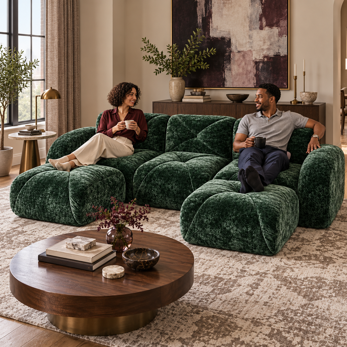 Aven 111" Frameless Velvet Modular U-Shaped Sectional Sofa with Ottomans and Curved Armrests