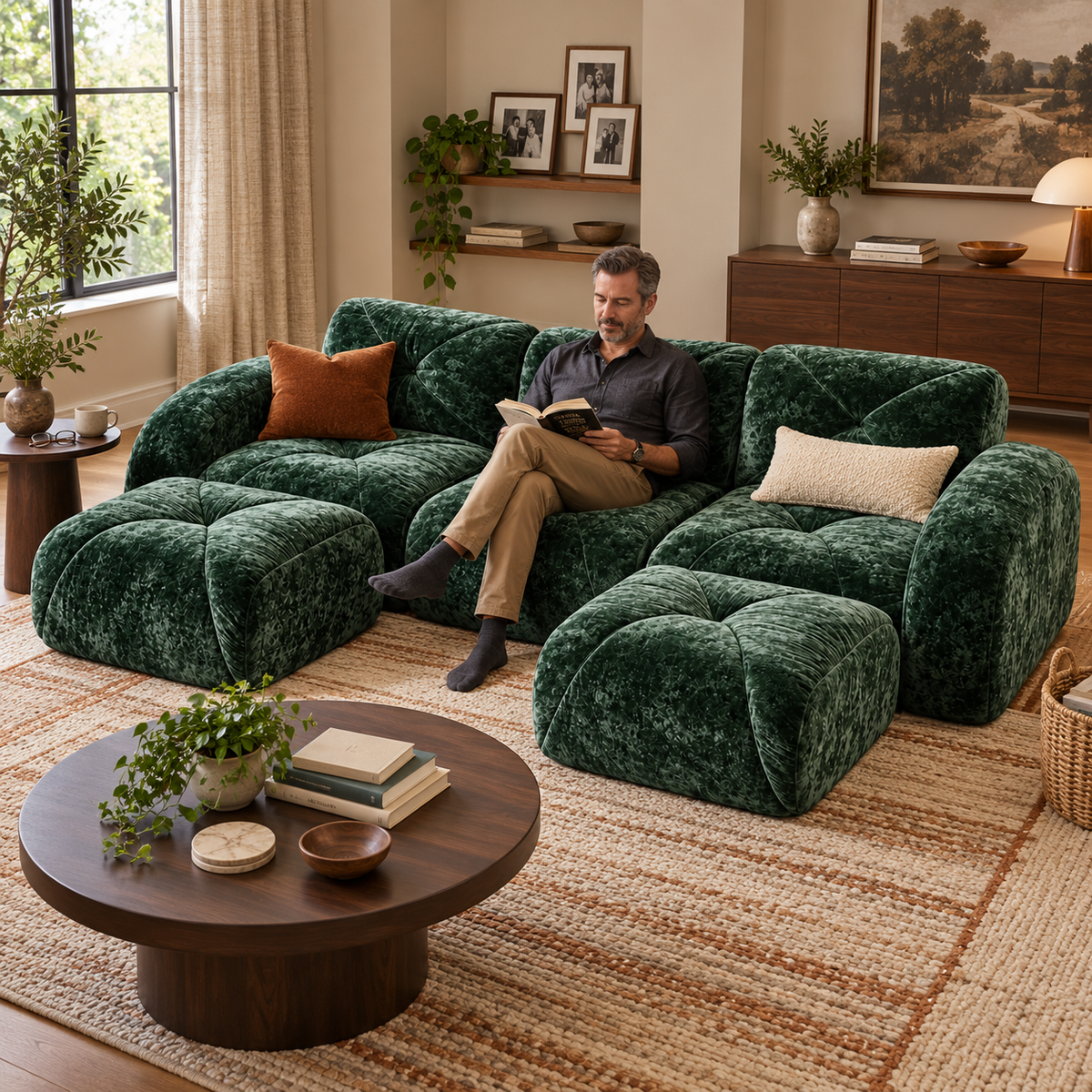 Aven 111" Frameless Velvet Modular U-Shaped Sectional Sofa with Ottomans and Curved Armrests