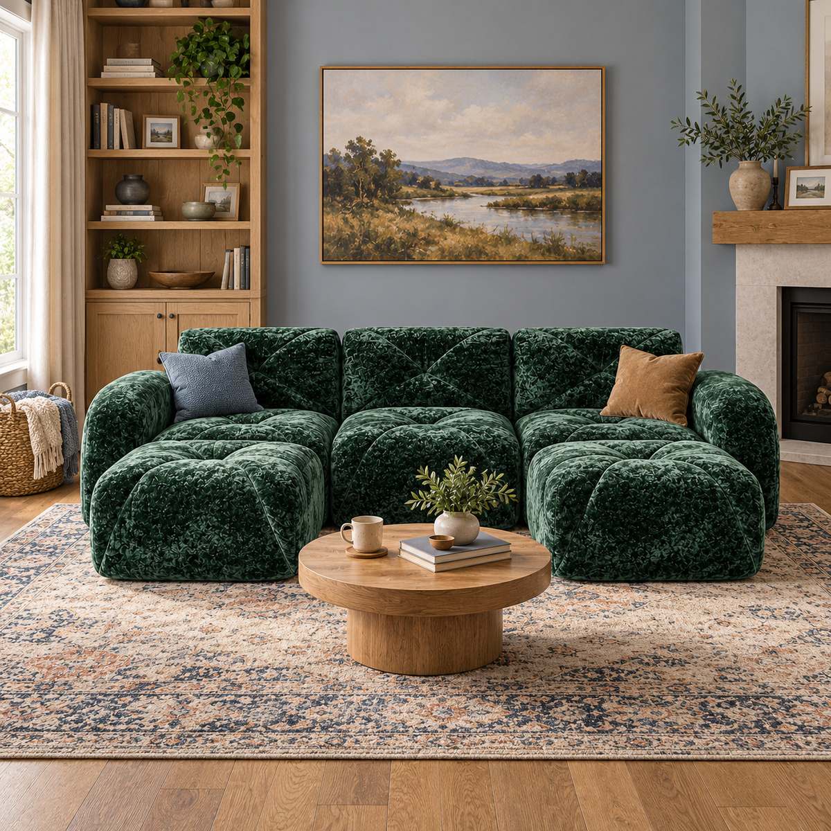 Aven 111" Frameless Velvet Modular U-Shaped Sectional Sofa with Ottomans and Curved Armrests