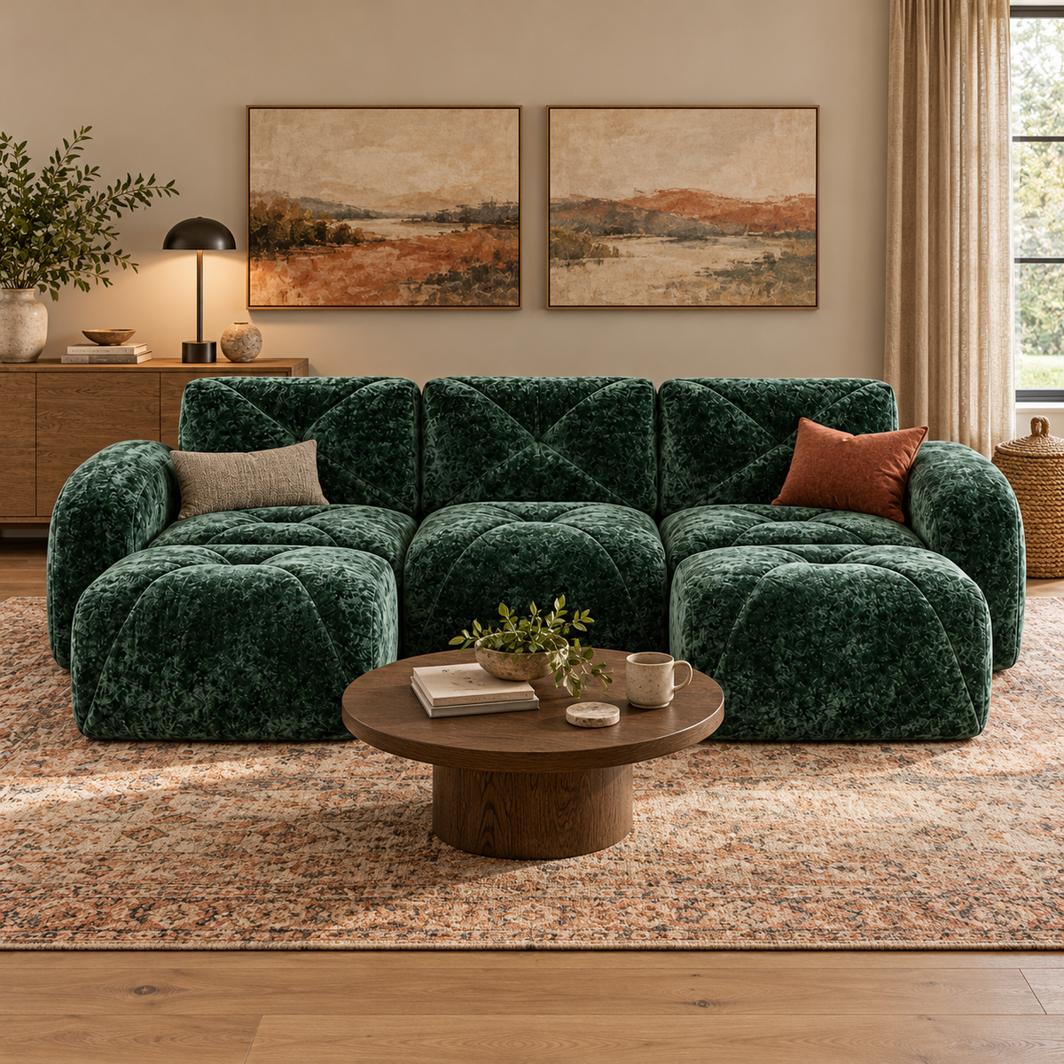 Aven 111" Frameless Velvet Modular U-Shaped Sectional Sofa with Ottomans and Curved Armrests