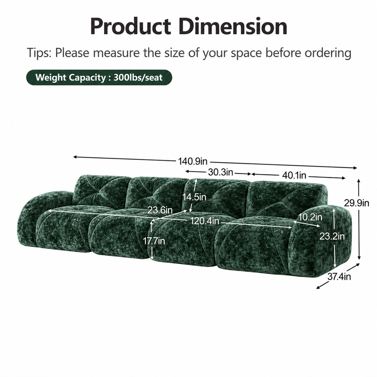 Aven 141" Large Frameless Velvet Modular 4-Seater Sofa with Curved Armrests