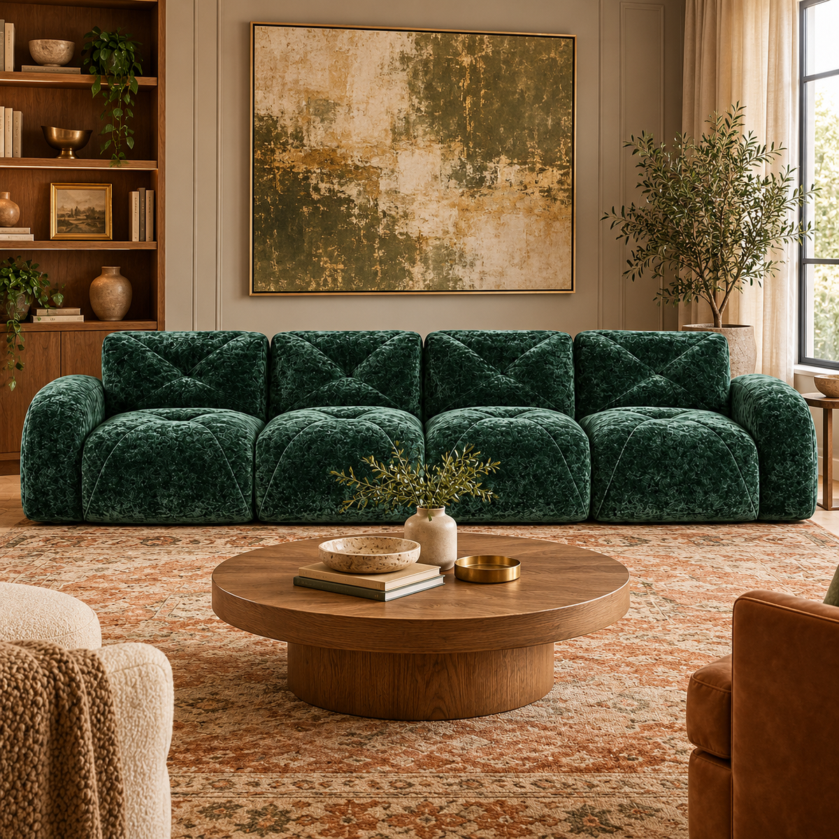 Aven 141" Large Frameless Velvet Modular 4-Seater Sofa with Curved Armrests