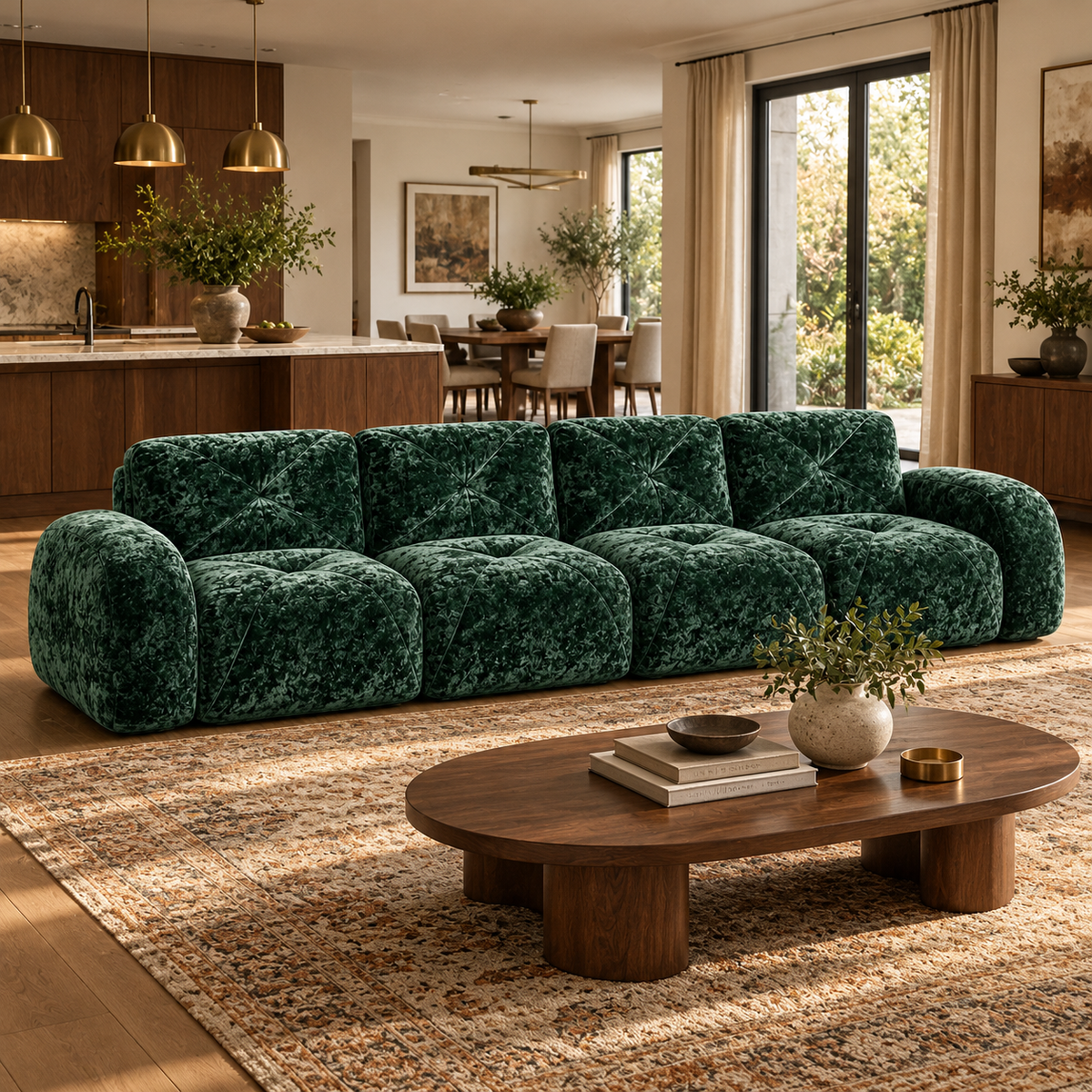 Aven 141" Large Frameless Velvet Modular 4-Seater Sofa with Curved Armrests