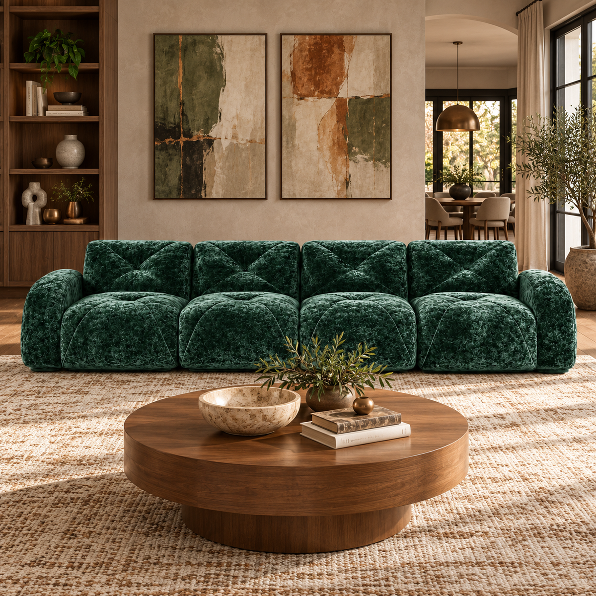 Aven 141" Large Frameless Velvet Modular 4-Seater Sofa with Curved Armrests
