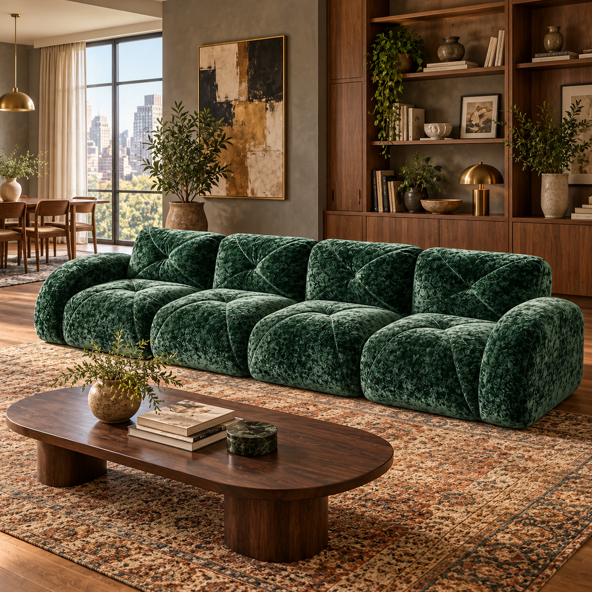 Aven 141" Large Frameless Velvet Modular 4-Seater Sofa with Curved Armrests